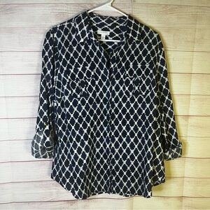 Charter Club 100% Linen Blue White Button Down 3/4 Roll Sleeves Blouse Large